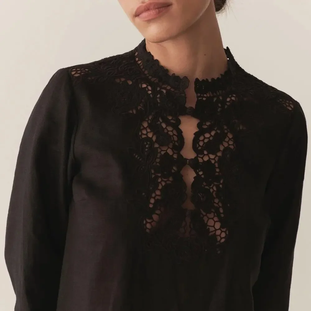 NWT Doen Roselie Linen Lace Crochet Collar 3/4 Sleeve Tunic Mini Dress Black - Picture 4 of 16